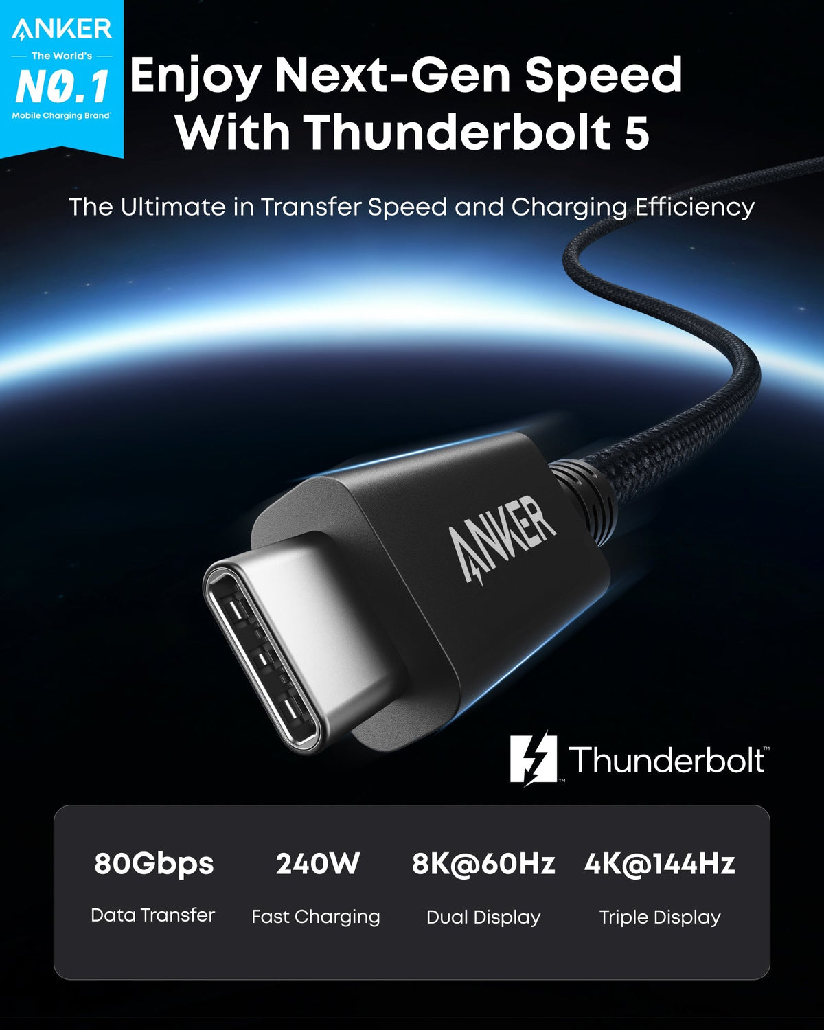 Anker Prime Thunderbolt 5 Cable (3.3 ft / 1.7 ft, 80 Gbps, 240W) — supplier image 14