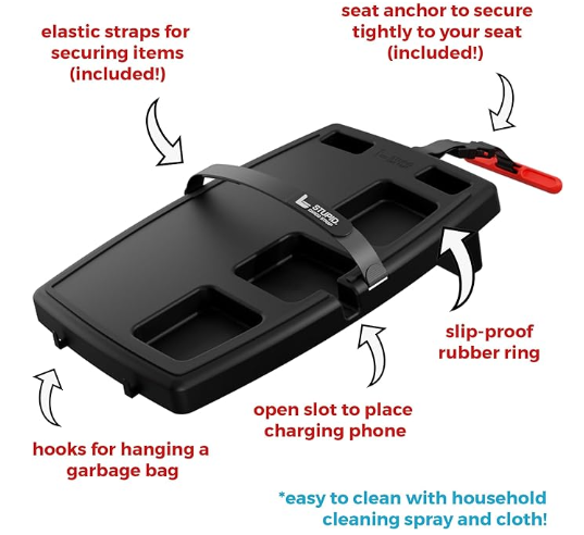 Diagram of Stupid Car Tray straps, seat anchor, rubber ring, bag hooks and phone slot