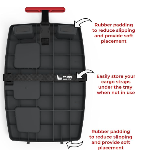 Underside of Stupid Car Tray showing rubber padding and cargo strap storage