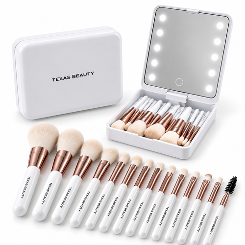 14-Piece Makeup Brush Set with LED Mirror & Travel Case