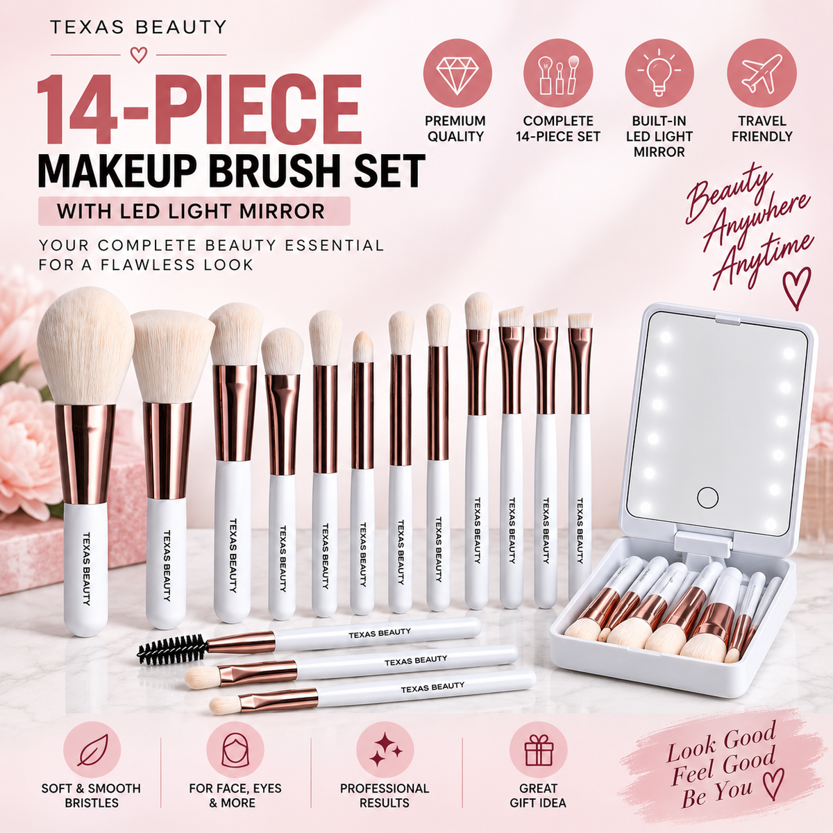 14-Piece Makeup Brush Set with LED Mirror & Travel Case — additional product view 7