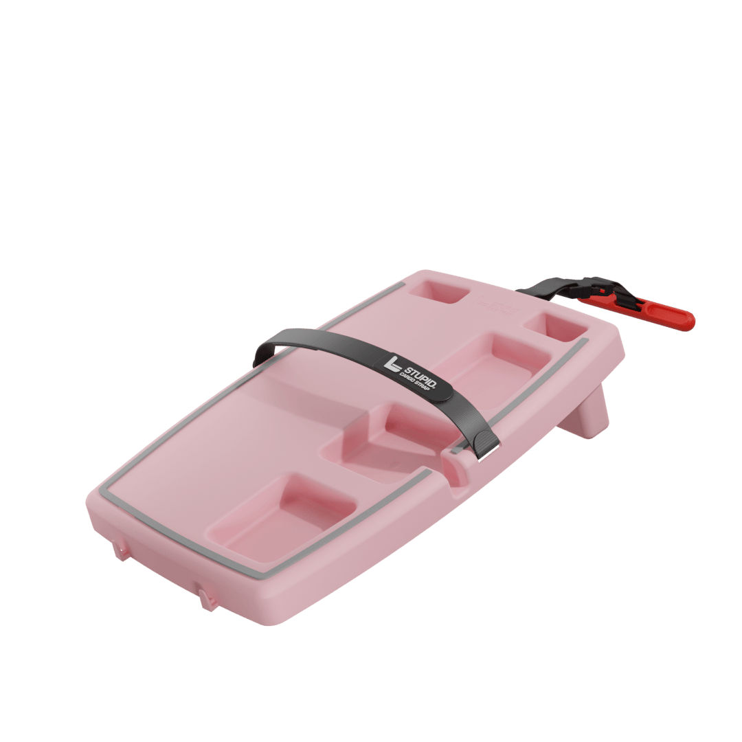 Pink Stupid Car Tray with elastic straps and seat anchor