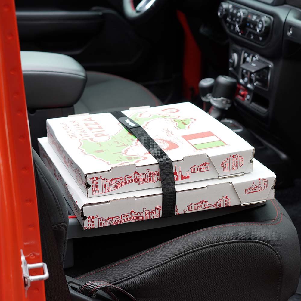 Pizza boxes secured with straps on a Stupid Car Tray