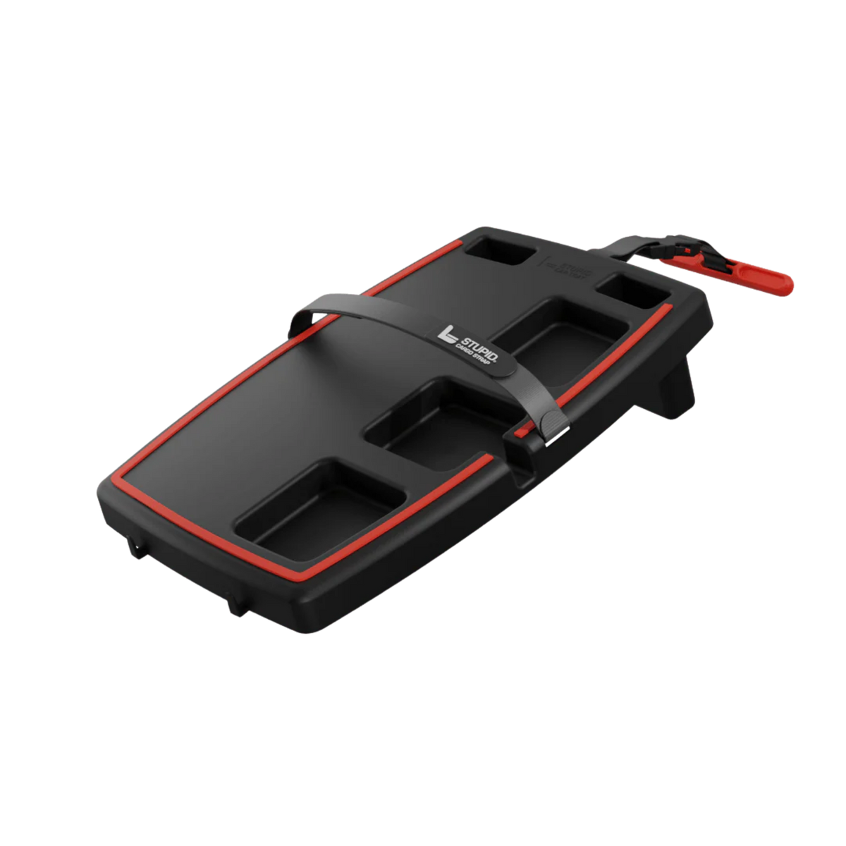 Black Stupid Car Tray with red trim and elastic straps