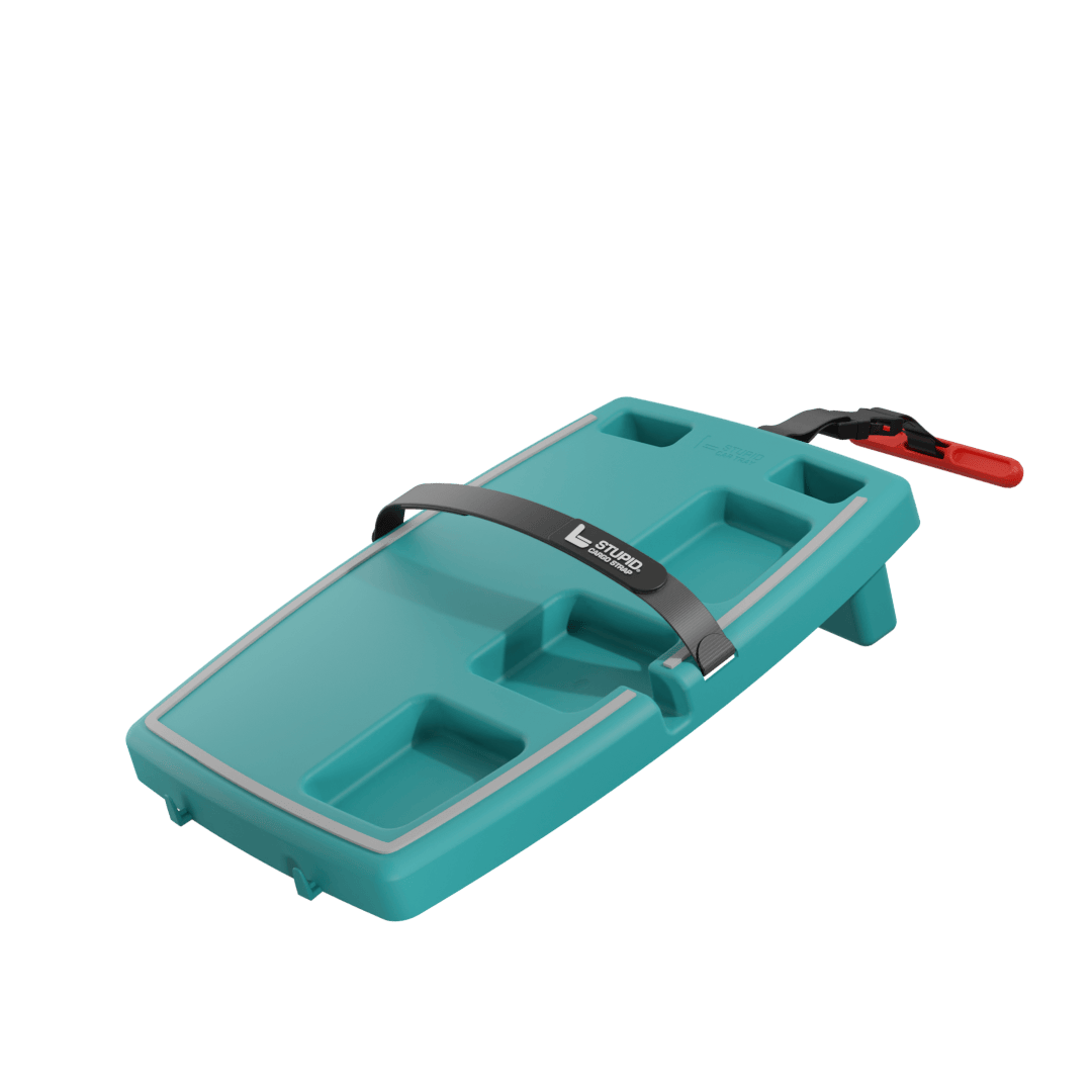 Teal Stupid Car Tray with elastic straps and seat anchor
