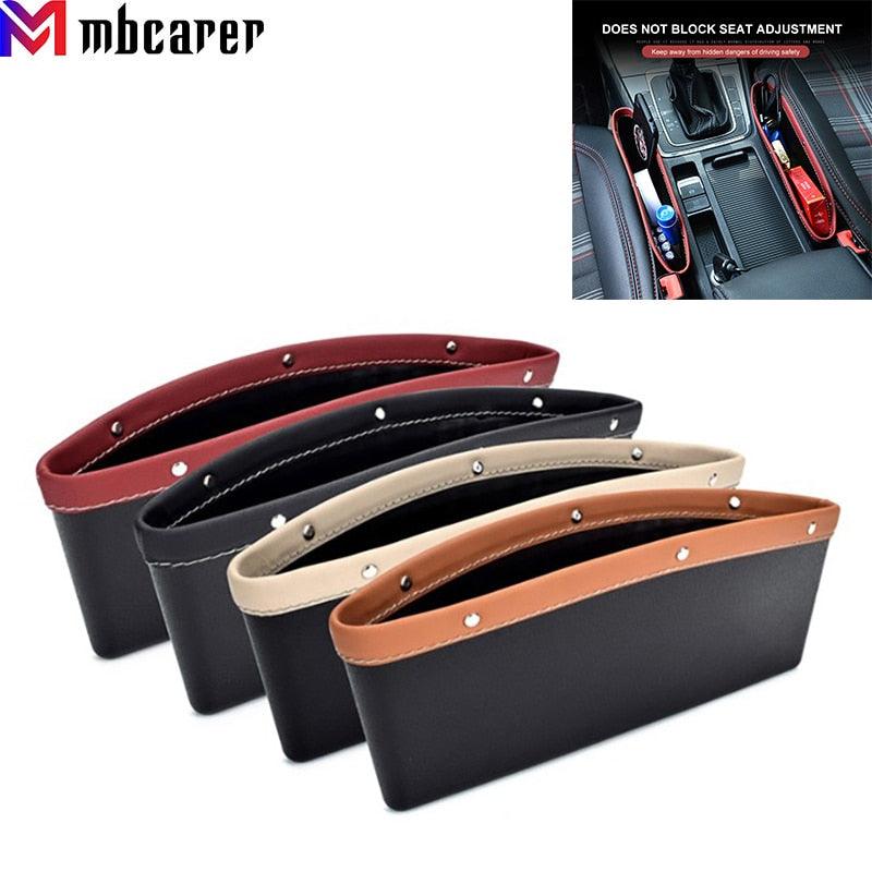 Black car seat gap organizer with storage pocket and cup holder