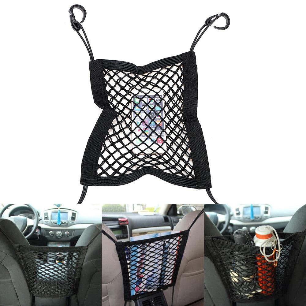 Car storage net organizer with multiple mesh compartments