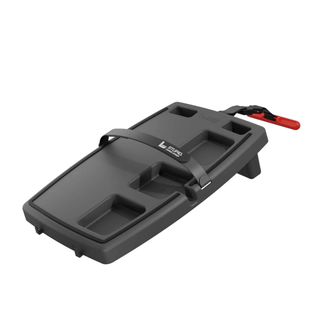 Black Stupid Car Tray with elastic straps, storage compartments and a red seat anchor